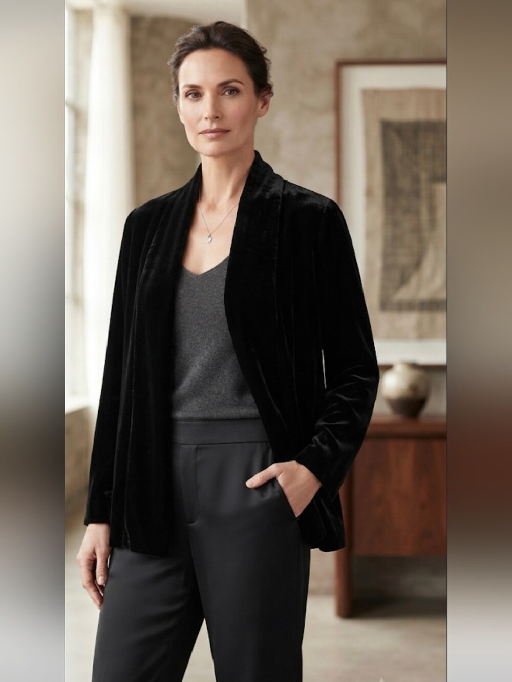 Eileen Fisher Black Silk Velvet Open Front Jacket Petite Quiet Luxury Holiday